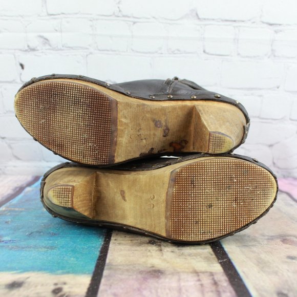 Sanita Brown Leather Buckle Accent Wooden Studded Cone Heeled Booties Size US 8 - Picture 8 of 9